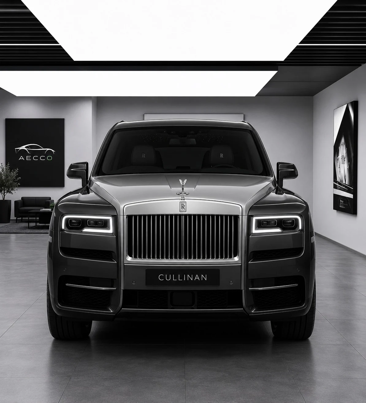 Dark grey Rolls-Royce Cullinan with a silver bonnet in the AECCO showroom artwork