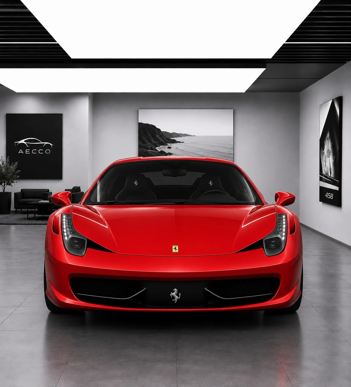 Red Ferrari 458 Spider viewed from the front in the AECCO showroom artwork