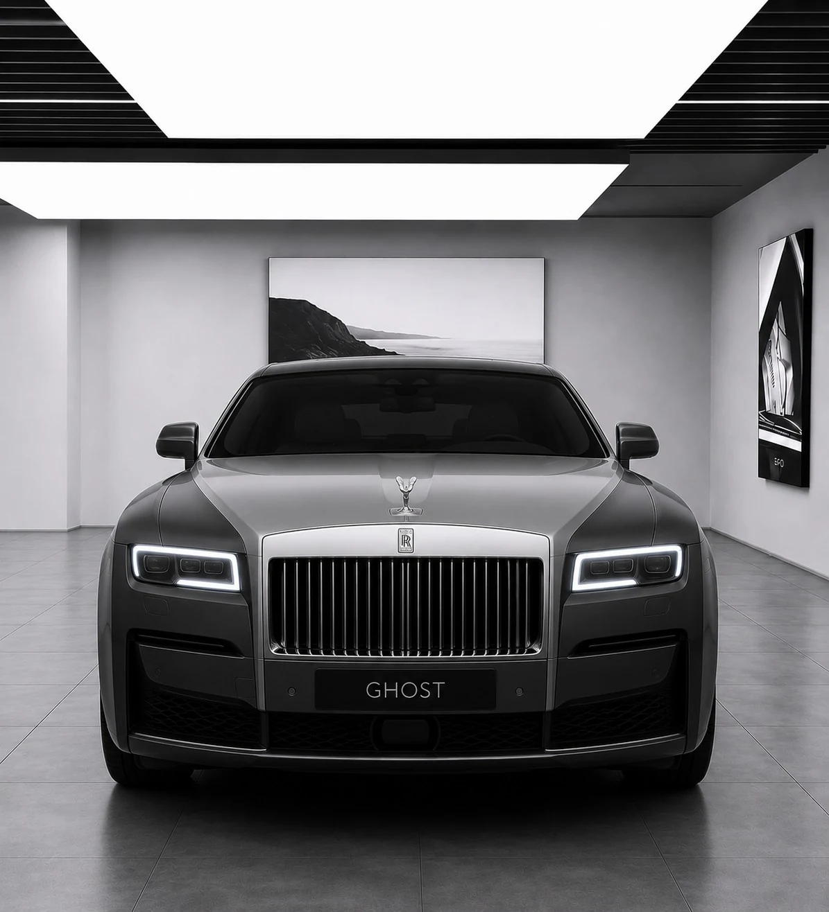 Dark grey Rolls-Royce Ghost with a silver bonnet in the AECCO showroom artwork