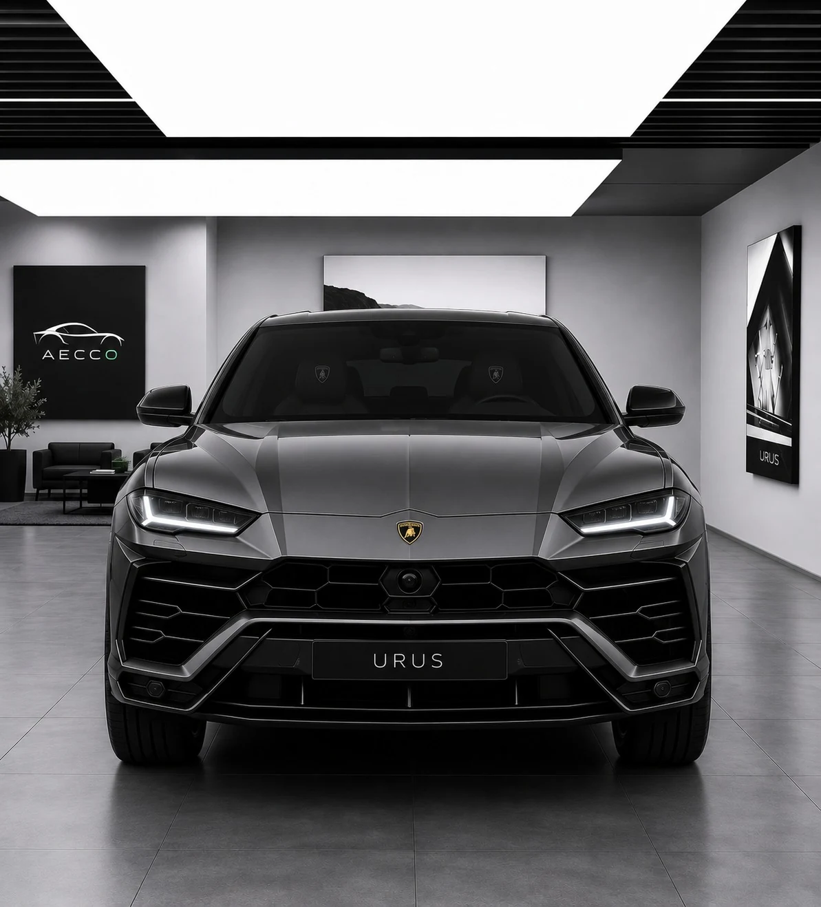Grey Lamborghini Urus viewed from the front in the AECCO showroom artwork